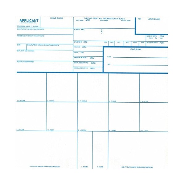 FD-258 Fingerprinting Cards, 100 PACK