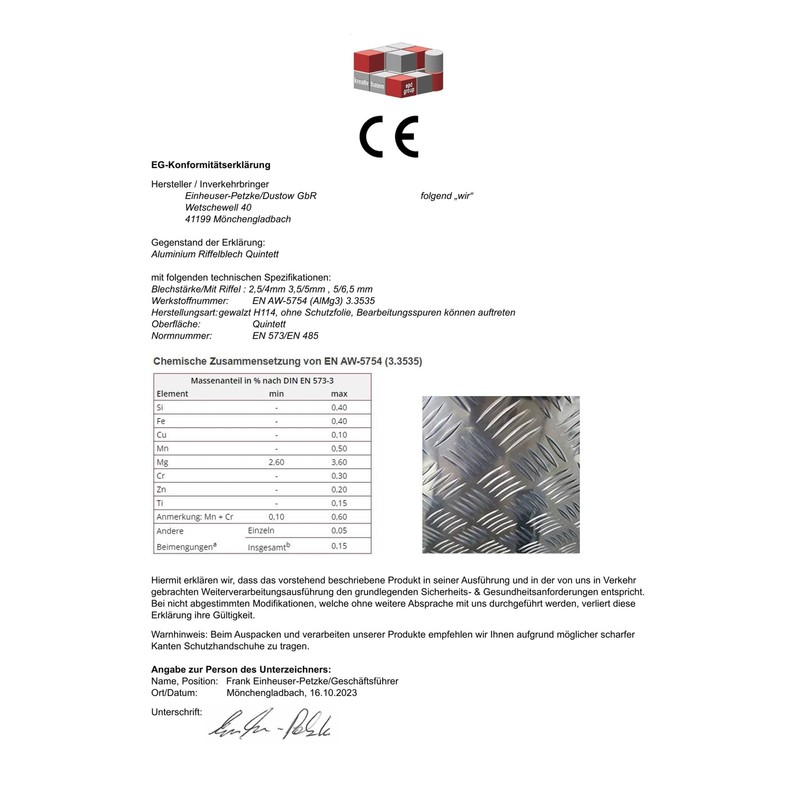 Quintett Aluminium Corrugated Plate 2.5 / 4.0 mm Thick Aluminium