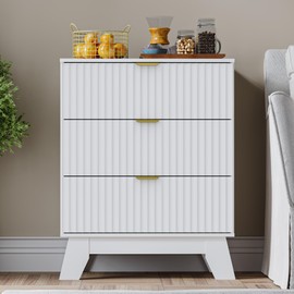 BORNOON Fluted 3 Drawer Dresser, 30.3" Tall Compact Modern Boho Chest of Drawers, Wooden Storage Cabinet for Bedroom, Living Room, Entryway, Curved Profile Design