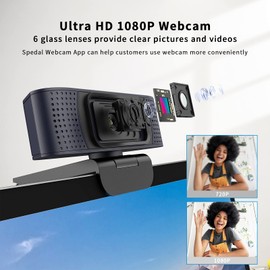AutoFocus Webcam 1080p with Microphone - HD USB Webcam with Cover for Online Streaming Courses, Compatible with Zoom Skype, PC, Mac, Laptop, Desktop