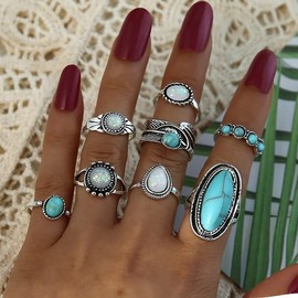 Caiyao 8pcs Bohemian Turquoise Opal Stackable Knuckle Ring Set for Women Vintage Bohemian Punk Leaf Turquoise Finger Rings Boho Jewelry, Zinc, No Gemstone