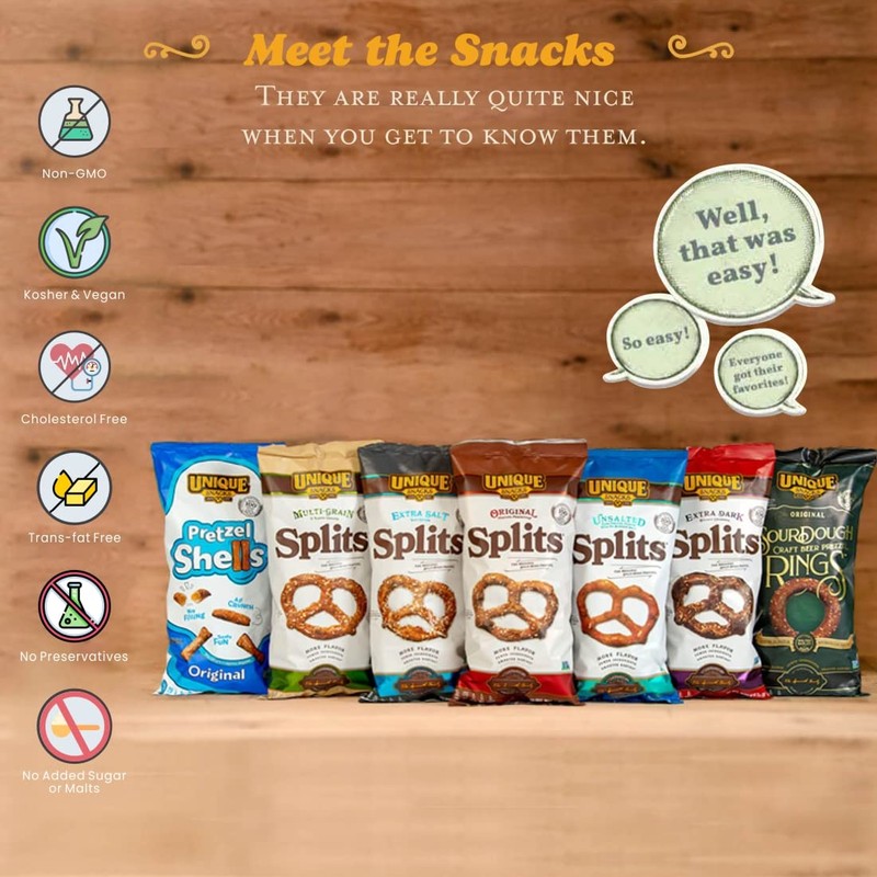 Unique Snacks Variety Pack with Original Splits Pretzels, Shells, and