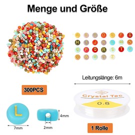 Letter Beads for Threading, Pack of 300 Colourful Beads, with Elastic Cord, Cube Alphabet Letter Spacer Beads for DIY Bracelet, Hairband, Crafts (Size: 4 x 7 mm)