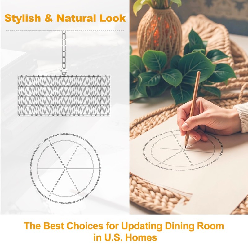 Farmhouse Chandeliers for Dining Room, Hand Woven 5-Light Rattan Pendant