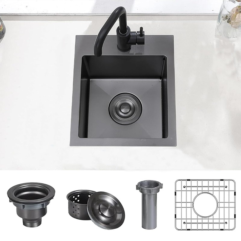Hotis Black Drop In Bar Sink, 15x15 Small Kitchen Sink