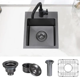 Hotis Black Drop In Bar Sink, 15x15 Small Kitchen Sink Single Bowl, Stainless Steel Black Sinks for Outdoor Wet Bar Prep RV Yard Office Laundry Utility with Strainer Drain and Bottom Grid