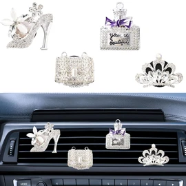 UHANBUT 4PCS Bling Car Air Freshener Vent Clip, Crystal Rhinestone Heels Bag Crown Perfume Bottle Dashboard Air Vent Trim Clips, Car Interior Outlet Diffuser Decoration Accessory for Women (Silver)