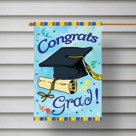 Texupday Congrats Grad Graduation Cap and Diploma House Flag Outdoor Yard Flag 28" x 40"
