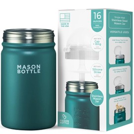 Mason Bottle 16oz Stainless Steel Mason Jar – BPA-Free Smoothie & Snack Cup for Kids (Lid Not Included) – Single-Wall, Compatible with Regular-Mouth Mason Jar Attachments (Green)