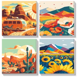 NAIMOER Framed Paint by Numbers Scenery, 4Pack Landscape Paint by Numbers Canvas for Kids Adults, Kids' Paint by Number Kits, DIY Acrylic Flowers Oil Painting with Wooden Easel (8x8inch)