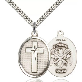 Bliss Sterling Silver Cross National Guard Christian Medal Pendant Necklace 24" Chain