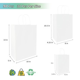 vanhel 90 pack white Paper bags with Handles,Assorted Sizes Gift Bags Bulk White Paper Bags,Festival,Birthday, Favor,Party,Retail Merchandise Bags