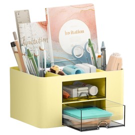 Marbrasse Pen Organizer with 2 Drawer, Multi-Functional Pencil Holder for Desk, Desk Organizers and Accessories with 5 Compartments + Drawer for Office Art Supplies (Yellow)