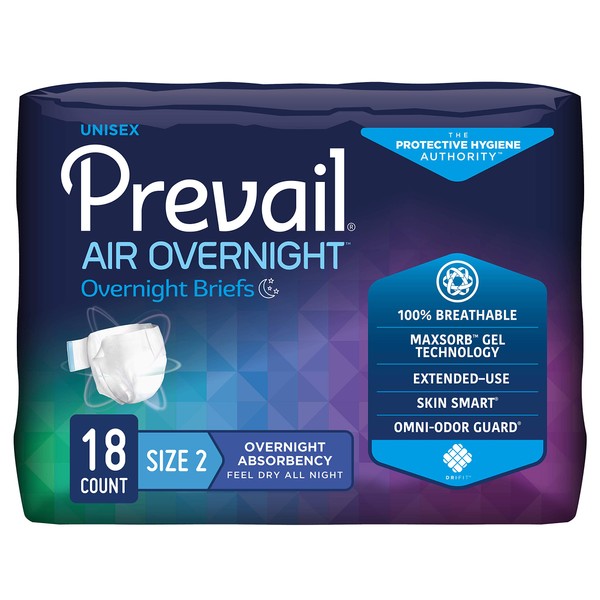 Prevail Air Overnight Incontinence Adult Briefs with Refastenable Tabs, Size 2, Large, 18 Count
