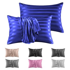 Stripe Satin Silk Pillowcase Pillow cover for Hair and Skin Pillowcases with Envelope Closure Pillow case 50 x 75 cm (Blue 2 Pcs)