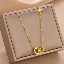 Double Hollow Four-Leaf Clover Pendant Necklace Angie'sGlamour&Grace: 18K Gold-Plated Stainless Steel, Fashion Jewellery