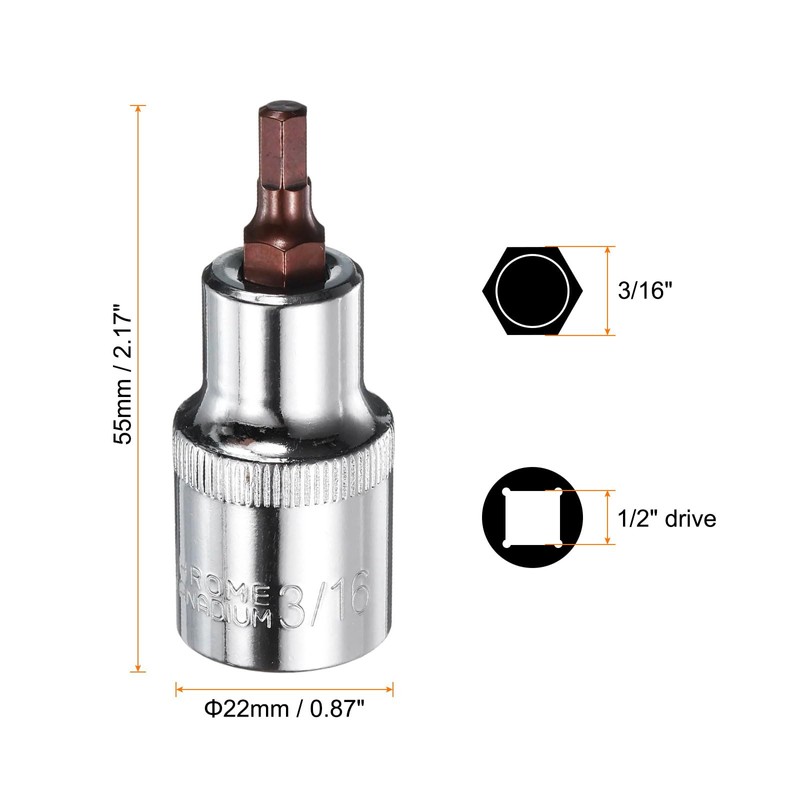QUARKZMAN 3 Pieces 3/16" Hex Bit Socket 1/2" Square Drive