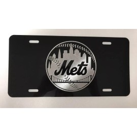 BLVD New York Mets Logo Car Tag Diamond Etched on Black Aluminum License Plate