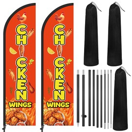 Remagr 2 Set Chicken Wings Feather Flag 8 ft Swooper Flag Kit for Advertising Chicken Banner with Flagpole and Ground Stake for Outside Businesses Restaurants Fairs