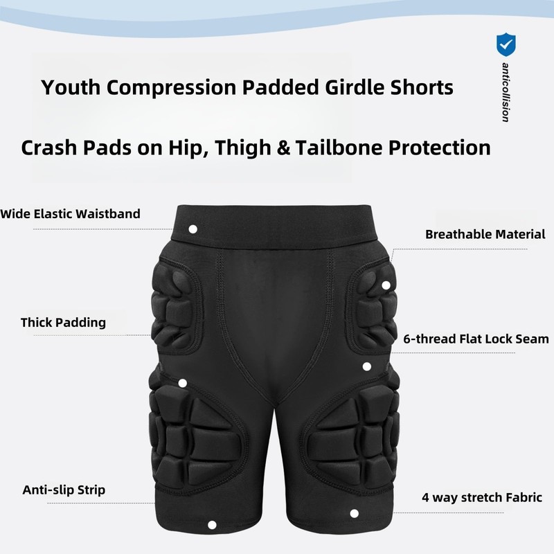 STONEKISS Youth Kids Compression Padded Girdle Shorts, Crash Pads on