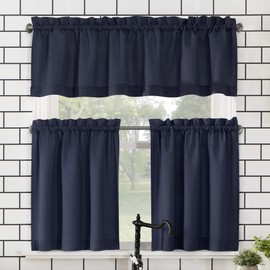 No. 918 Martine Microfiber Semi-Sheer Rod Pocket Kitchen Curtain Valance and Tiers Set, 54" x 36", Navy Blue