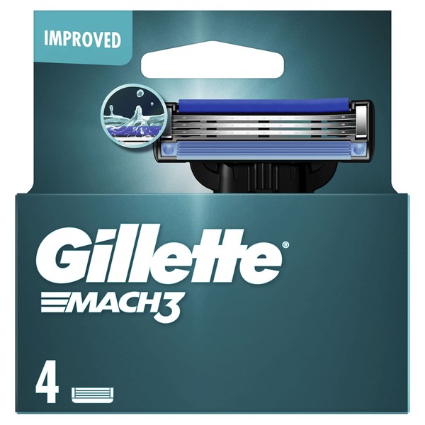 Gillette Mach3 Razor Blades Men, Pack of 4 Razor Blade Refills, Upgraded Lubrastrip for an Enhanced Glide, Fits all Mach3 Handles