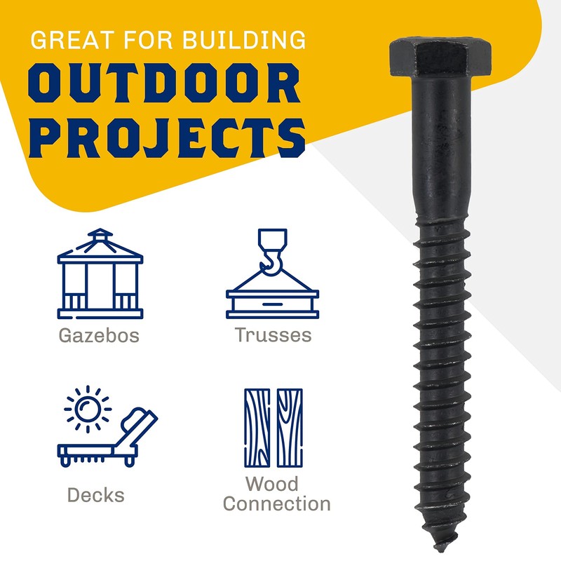 1/2" x 4”, 25-Piece Black Lag Bolts, Rustproof 4-Layer Ceramic
