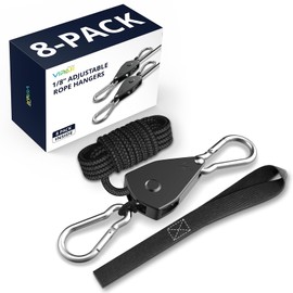 VIPARSPECTRA Retractable Heavy Duty Ratchet Tie Down Straps [8 Pack, 8ft, 75lbs/Pack], Rope Pulley System with Carabiner Hook Rope Adjuster for Hanging Plants/Grow Light/Tents Various Tie-Down Uses