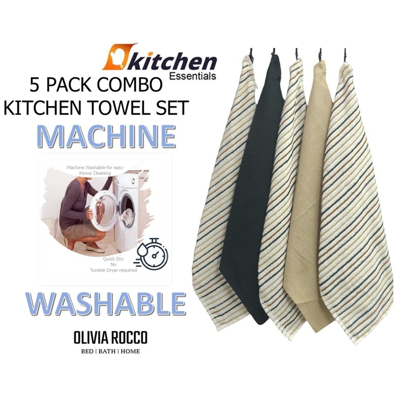 Olivia Rocco 5 Pack Striped Kitchen Tea Towels Cotton Super
