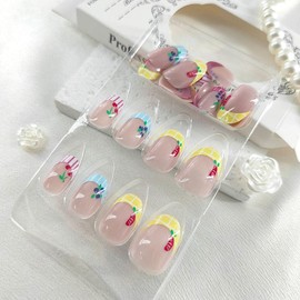 French Tip Press on Nails Short Oval Fake Nails with Fruit Lines Designs Summer Nails Press ons Glossy Yellow Acrylic Blue Pink Fall Stick on Nails for Women 24Pcs