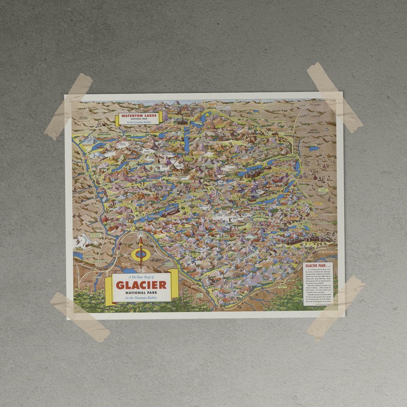 Glacier National Park Illustrated Map Poster – Montana Rockies, Mountains,
