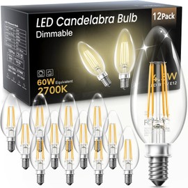 TJOY LED Candelabra Bulbs Dimmable, 60W Equivalent Chandelier Light Bulb, E12 Small Base, 4.5W 2700K Soft Warm White, B11 Vintage Filament Clear Glass Candle Light for Ceiling Fan Chandeliers, 12Pack