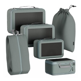 Serentify Extra Deep Compression Packing Cubes for Suitcases - 6PCS Suitcase Organiser Bags Set (XL, L, M, S, Shoe Bag, Laundry Bag) - Durable Nylon Ripstop Fabric (Grey)