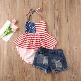 Toddler Baby Girl Fourth of July Outfits Halter Star Top + Ripped Hole Denim Shorts Kids Girl 4th of July Clothes Set (Striped Denim,6-7 Years)