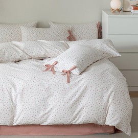 HighBuy Botanical Floral Comforter Set Full Size Cozy Comforter Set for Full Bed with 2 Bowknot Bow Tie Pillowcases Pink Flower Garden Coquette Bedding Comforter Set Full for Women Girl Bed Set