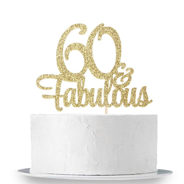 INNORU Gold Glitter 60 & Fabulous Cake Topper - 60th Birthday Party Decoration Sign - Adult Birthday Party Supplies