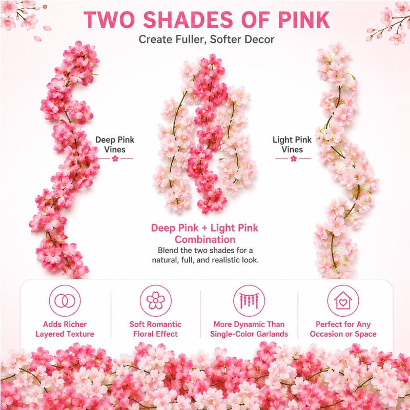 Pownert 4 Pcs 180cm Cherry Blossom Flower Garland Vines Set,