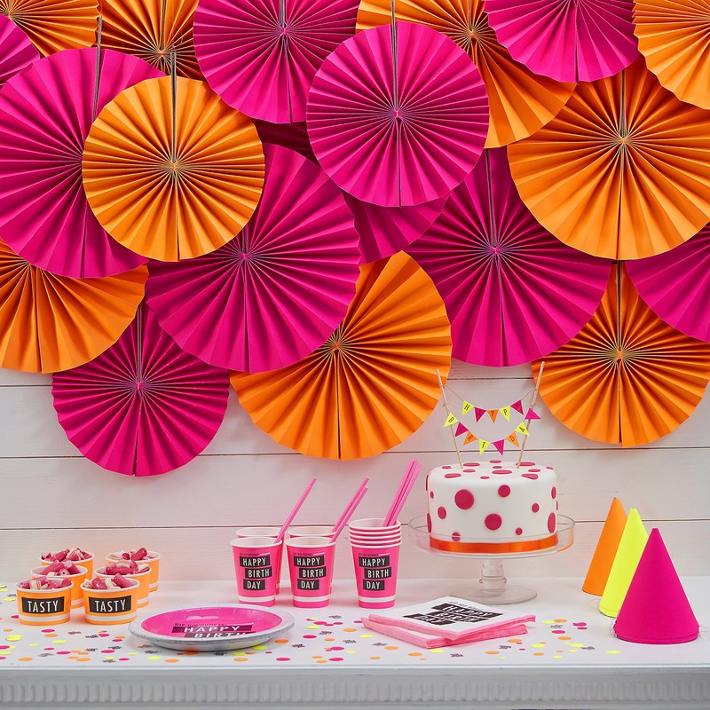 Ginger Ray Neon Pink Fluorescent Happy Birthday Paper Party Plates