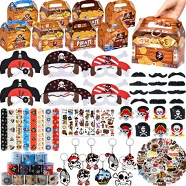 Tacobear Pack of 114 Pirate Party Bags Children's Birthday Pirate Mask Treasure Chest Gift Box Snap Bracelet Key Ring Tattoos Sticker Moustache Pirate Party Favours Birthday