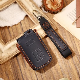 SANRILY Leather Key Fob Cover for Toyota 4runner 2021 Tacoma 2020 Tundra Land Cruiser Keyless Entry Remote Smart Key Protector Case with Keychains Black