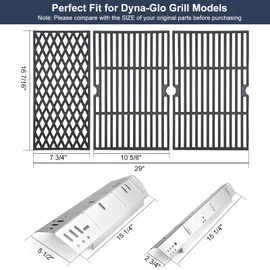 Criditpid Grill Replacement Parts for Dyna-Glo 5 Burner DGH474CRP DGH485CRP DGH483CRP, Stainless Steel Heat Plate Shields, Burner Tubes and Cast Iron Cooking Grates for Dyna-Glo DGH450CRP.
