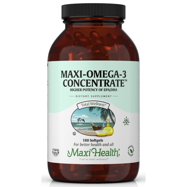 Maxi Health Omega 3 Supplement - Omega-3 Fish Oil Concentrate - Higher Potency Source of EPA / DHA Fatty Acids - Heart, Brain & Joint Health - Kosher Certified Wild Caught Marine Fish (Omega-3 Fish Oil - 180 Count)