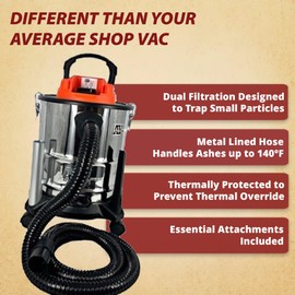 Pellethead Vault Pro Cordless Ash Vacuum – 20V Rechargeable, Dual HEPA Filters, 7-Foot Hose, Brush & Crevice Tools, Stainless Steel Body for Stoves, Fireplaces & Grills