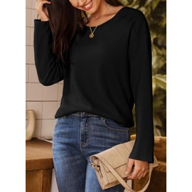 Dokotoo Women's Fashion Waffle Knit Crew Neck Long Sleeve Oversized T Shirts Casual Loose Fit Pullover Tops Fall Teacher Outfits Plus Size,X-Large Black