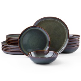 HaWare Plates and Bowls Set, Stoneware Dinnerware Sets, 18-Piece Hand-painted Dish Set for 6, Ceramic Dishware for Home Kitchen, Scratch Resistant, Microwave and Dishwasher Safe, Reactive Moss Green