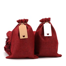 Burlap Bags with Drawstring, 7x10" Burlap Favor Sacks with Tags and String (Lot of 30) for Wrapping Favors or Gifts, Birthday, Wedding, Graduation Party or Household Use(Red)