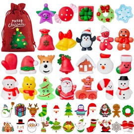 HOUT 24 PCS Christmas Mochi Squishy Toys - Mini Squishy Kawaii Fidget Party Toy Pack with 24 Stickers Christmas Drawstring Bags - Soft Squeezable Relieve Stress Party Bag Fillers for Girls Boys