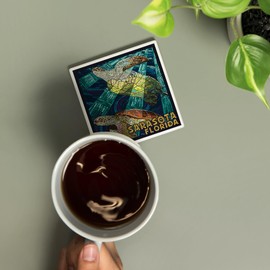 Sarasota, Florida, Sea Turtle Paper Mosaic (Absorbent Ceramic Coaster, Single, Cork Back, Kitchen Table Decor)