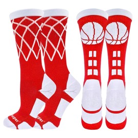 Youper Elite Basketball Socks (2 Pairs) with Basketball Logo & Net, Athletic Crew Socks for Men, Boys, Women & Girls (Red Net/Basketball, Large)