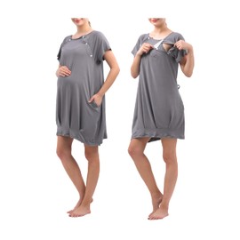 Labor and Delivery Gown for Hospital With Pockets Open Back Nursing Pajamas for Women Breastfeeding Maternity Nightgown, Gray, Large-X-Large